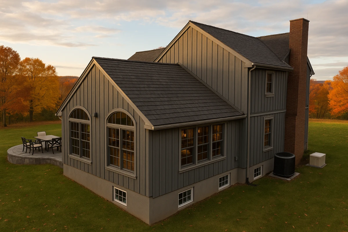 An elevated exterior shot of a modern, two-story house featuring dark grey vertical board-and-batten siding, large arched windows, and a black shingle roof under a sunset sky.